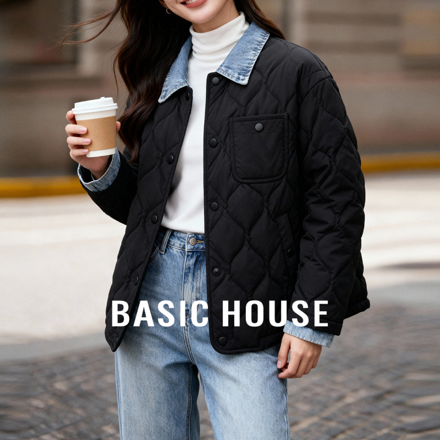 Basic House/百家好假两件牛仔拼接轻薄羽绒服女款小个子短款外套