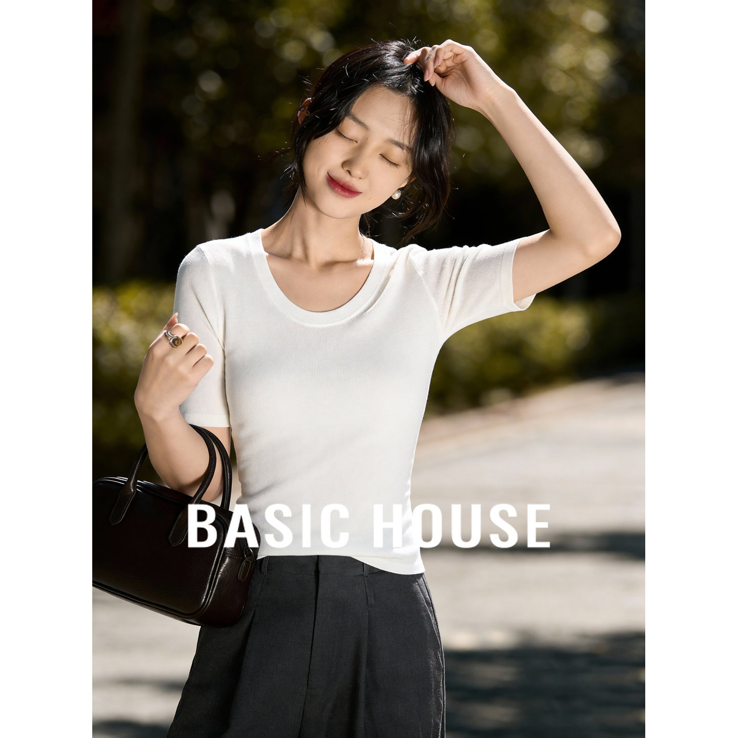 百家好白色圆领短袖针织衫女春季2026新款内搭可外穿气质显瘦上衣