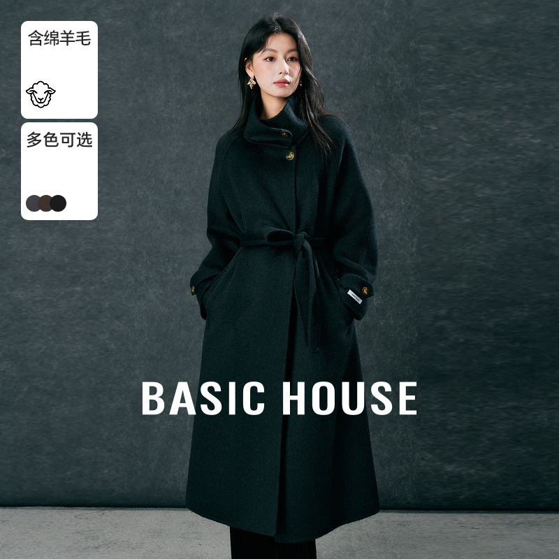 Basic House/百家好立领收腰系带毛呢外套长款绵羊毛双面呢大衣女
