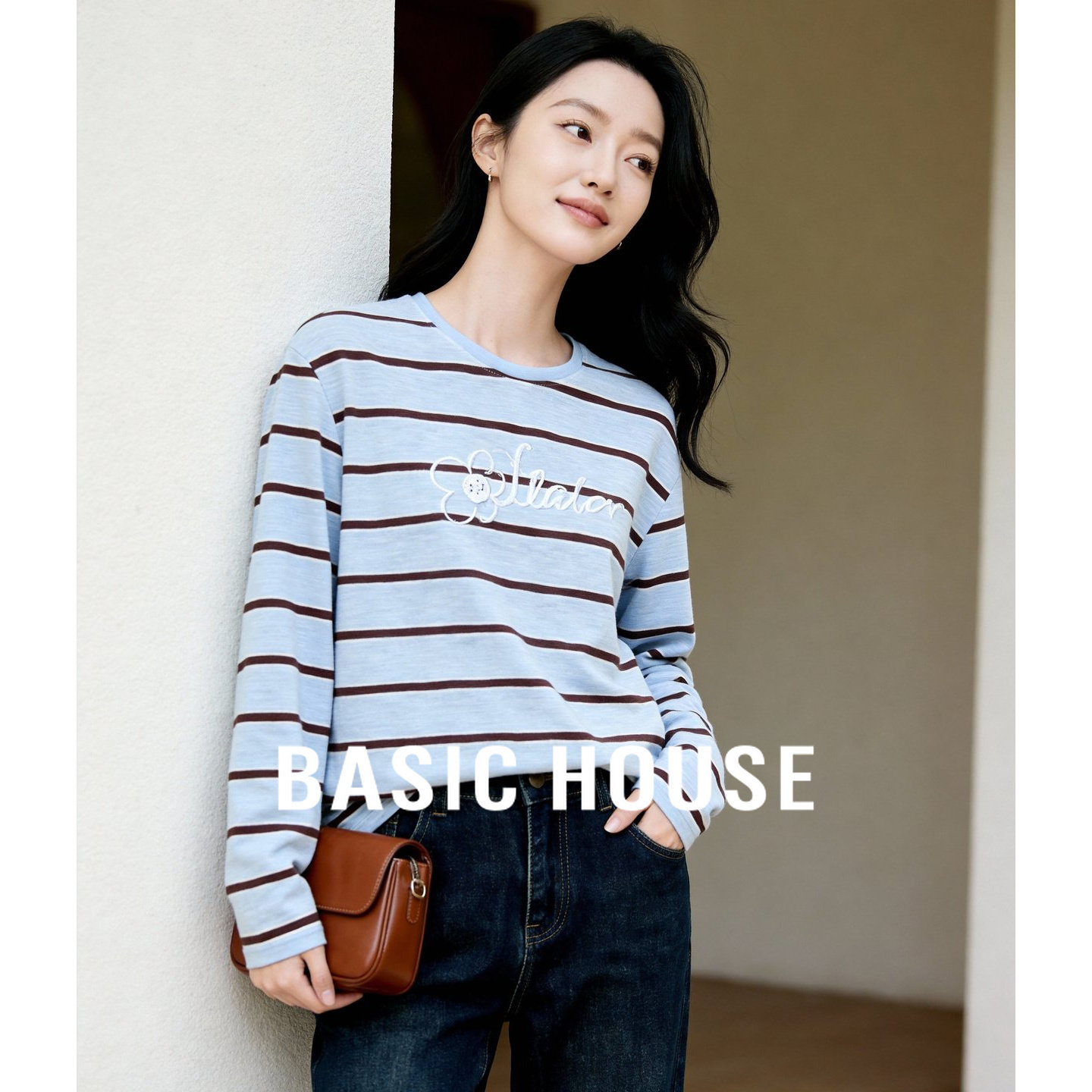 百家好设计感休闲显瘦气质条纹撞色长袖t恤女士2026春季新款上衣