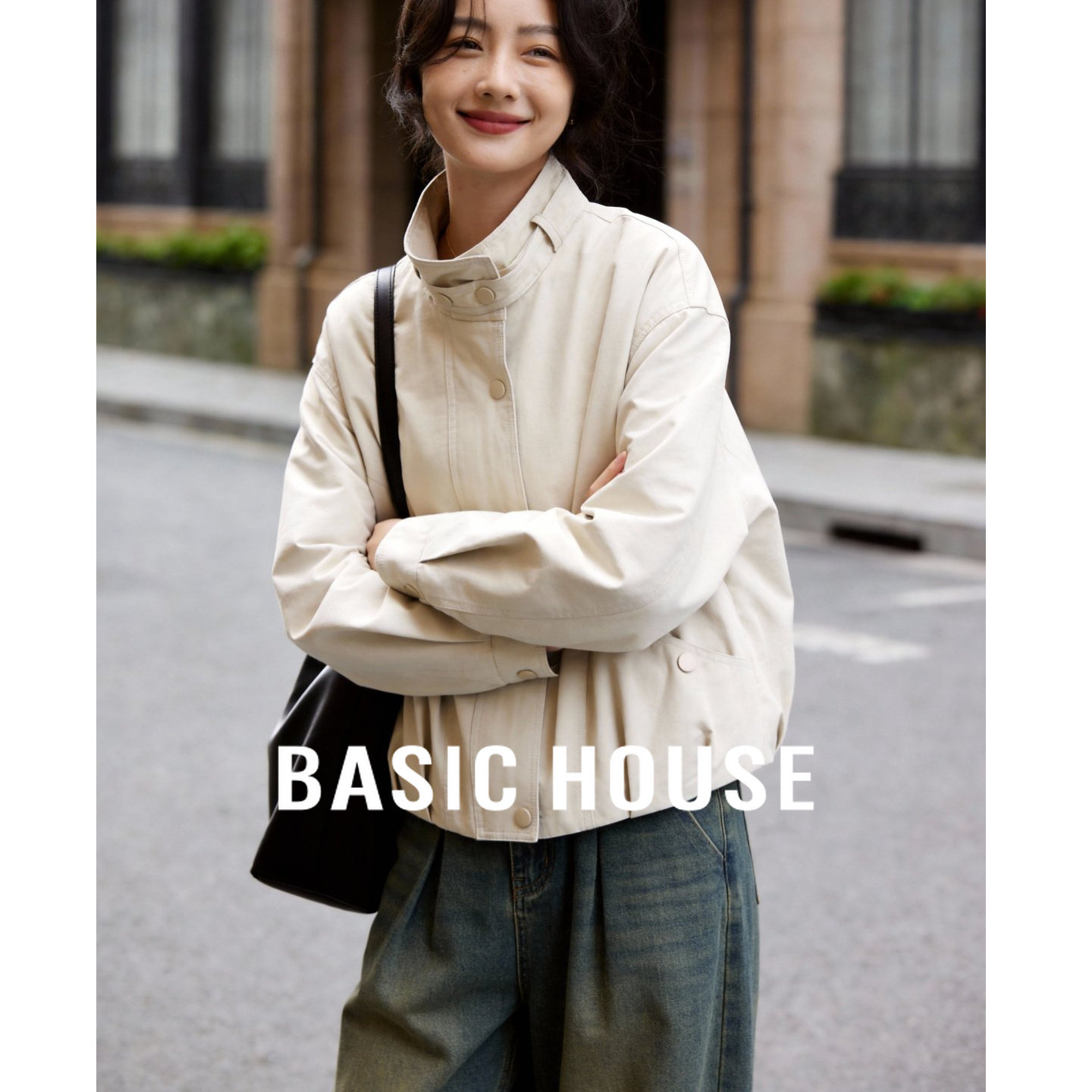 Basic House/百家好立领短款外套女2026春季新款休闲宽松百搭夹克