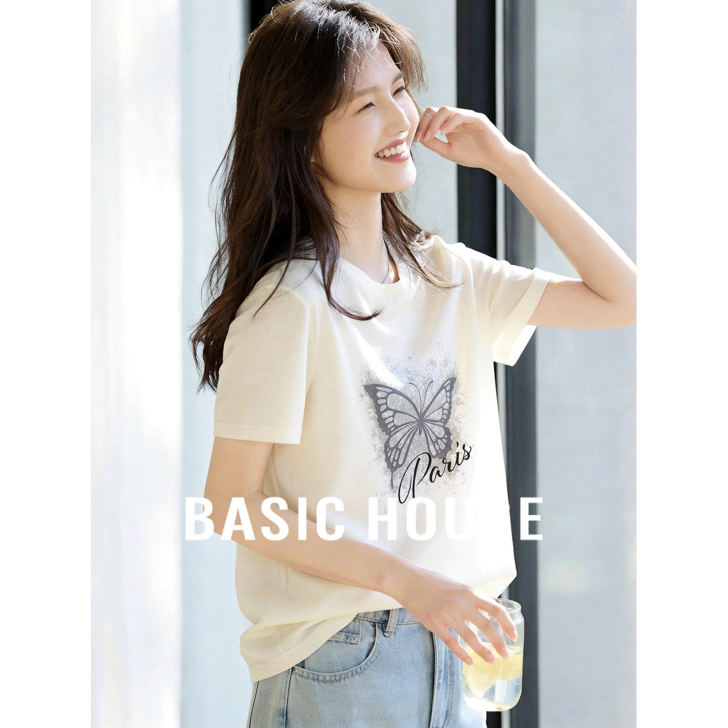 Basic House/百家好白色短袖针织衫女26夏季新款蝴蝶印花t恤上衣