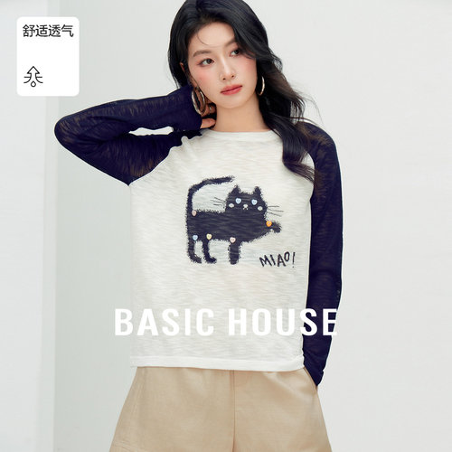Basic House/百家好撞色猫咪套头针织衫女夏季轻薄圆领插肩袖上衣