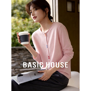 Basic House/百家好粉色宽松针织开衫春季新款慵懒温柔减龄毛衫女