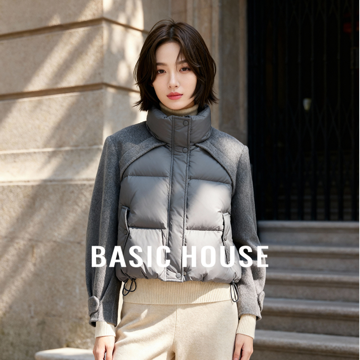 Basic House/百家好绵羊毛立领毛呢羽绒服女冬季新款休闲短款外套