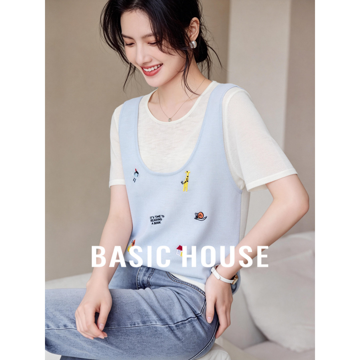 Basic House/百家好卡通刺绣撞色上衣女夏季流行假两件短袖针织衫