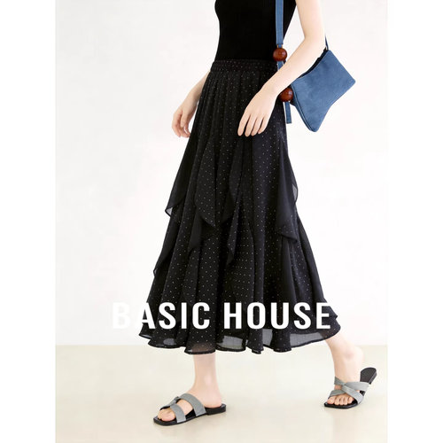 Basic House/百家好复古波点半身裙女夏新款高腰显瘦中长款蛋糕裙