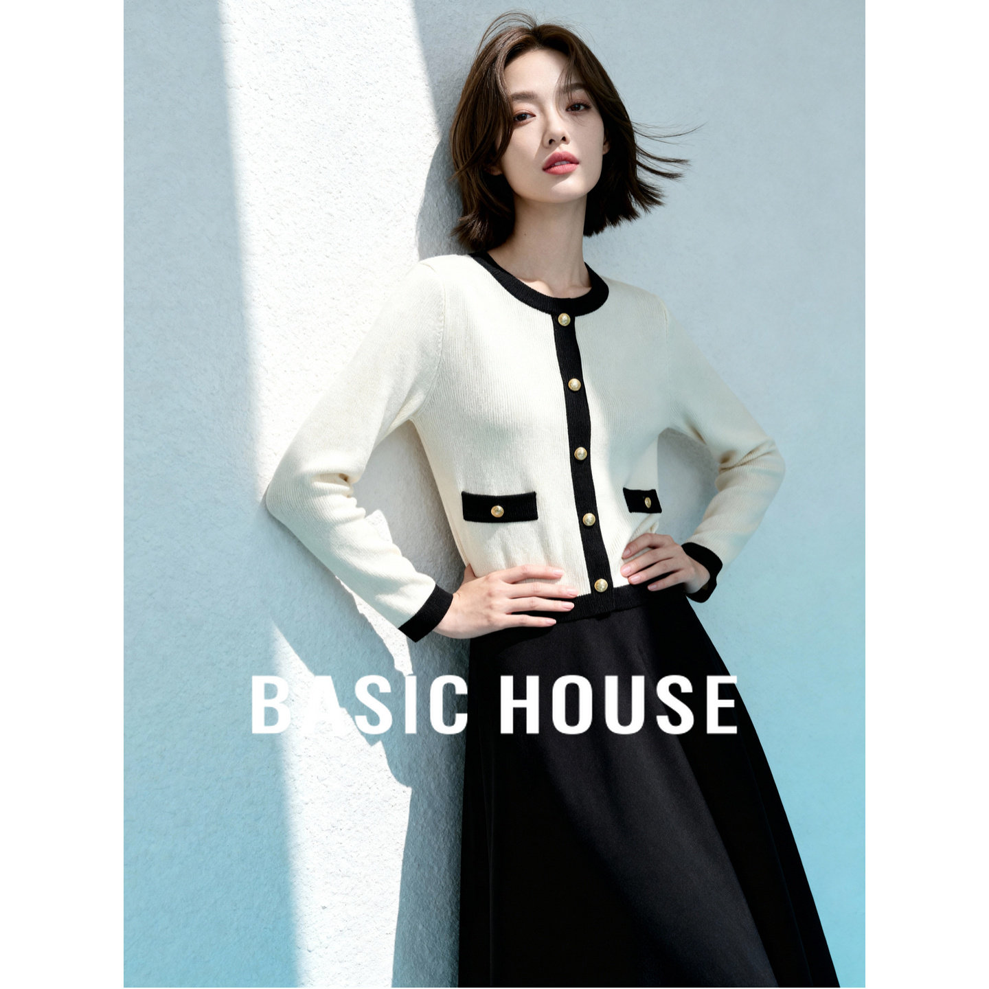 Basic House/百家好高级感套装小香风撞色外搭背心长裙两件套秋冬
