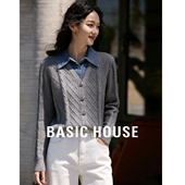 菱格绞花复古开衫 Basic 新款 百家好牛仔领假两件毛衣春季 女 House