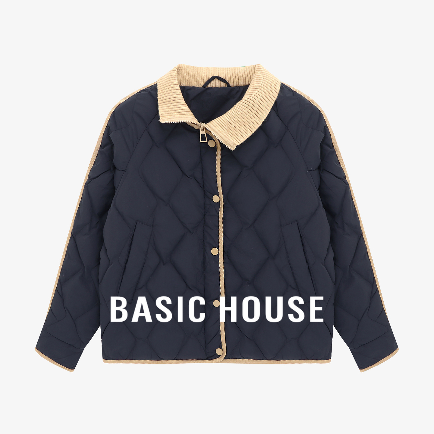 Basic House/百家好菱格短款羽绒服女冬针织翻领设计感白鸭绒外套