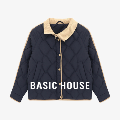 Basic House/百家好菱格短款羽绒服女冬针织翻领设计感白鸭绒外套