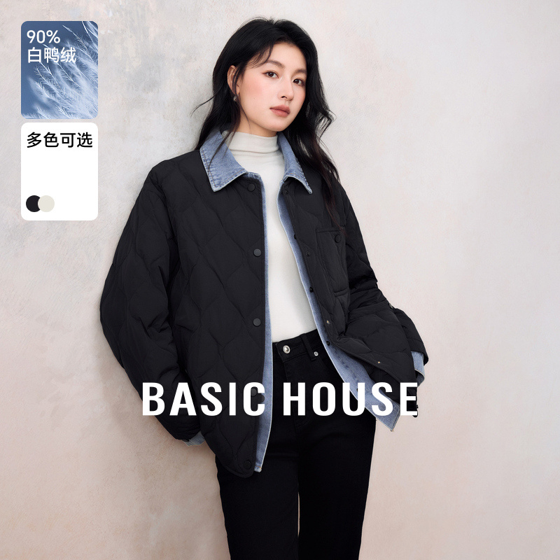 Basic House/百家好假两件牛仔拼接轻薄羽绒服秋冬小个子短款外套