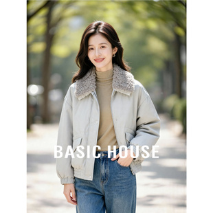 Basic House/百家好羊羔毛领羽绒服女冬季复古工装大口袋保暖外套