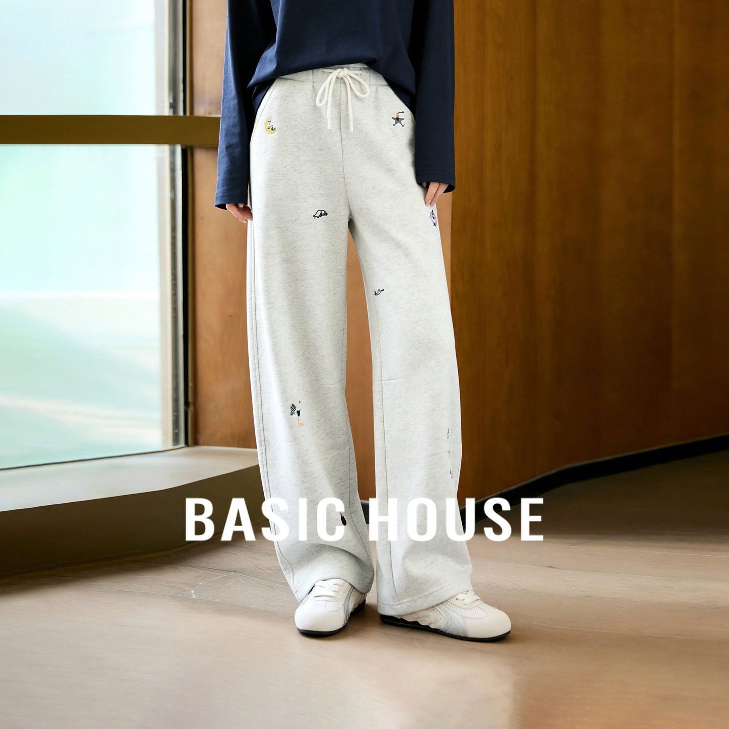 Basic House/百家好松紧腰加绒抽绳休闲阔腿裤女冬季保暖高腰长裤