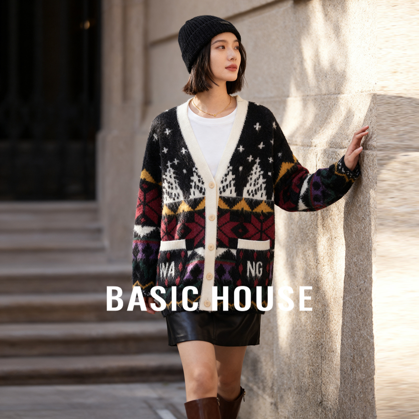 Basic House/百家好费尔岛提花开衫外套今年秋季流行女款落肩毛衣