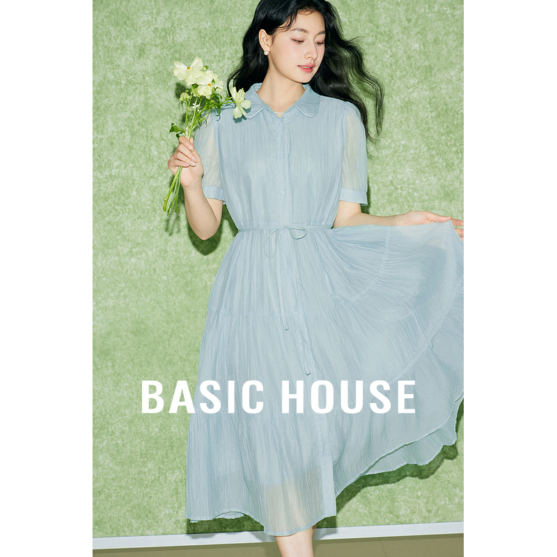 Basic House/百家好系带莱赛尔连衣裙短袖A字中长款裙2025夏新款