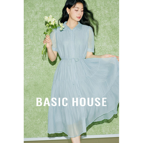 Basic House/百家好系带莱赛尔连衣裙短袖A字中长款裙2026夏新款