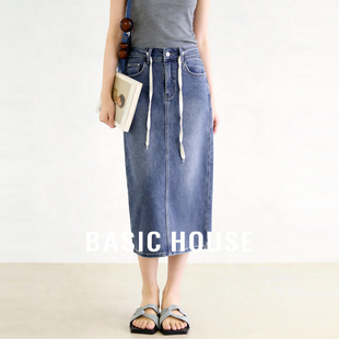 新款 百家好亮蓝色直筒牛仔裙春季 抽绳后开叉包臀裙女 House Basic