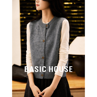 Basic House/百家好法式圆领针织马甲叠穿无袖毛衣外套女2026春季