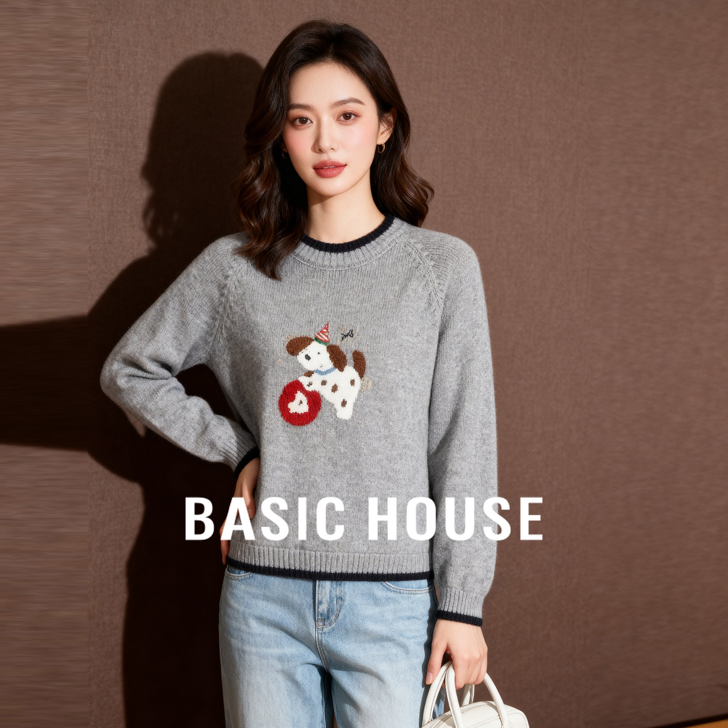 Basic House/百家好卡通撞色毛衣女款2025秋冬新款圆领小个子上衣