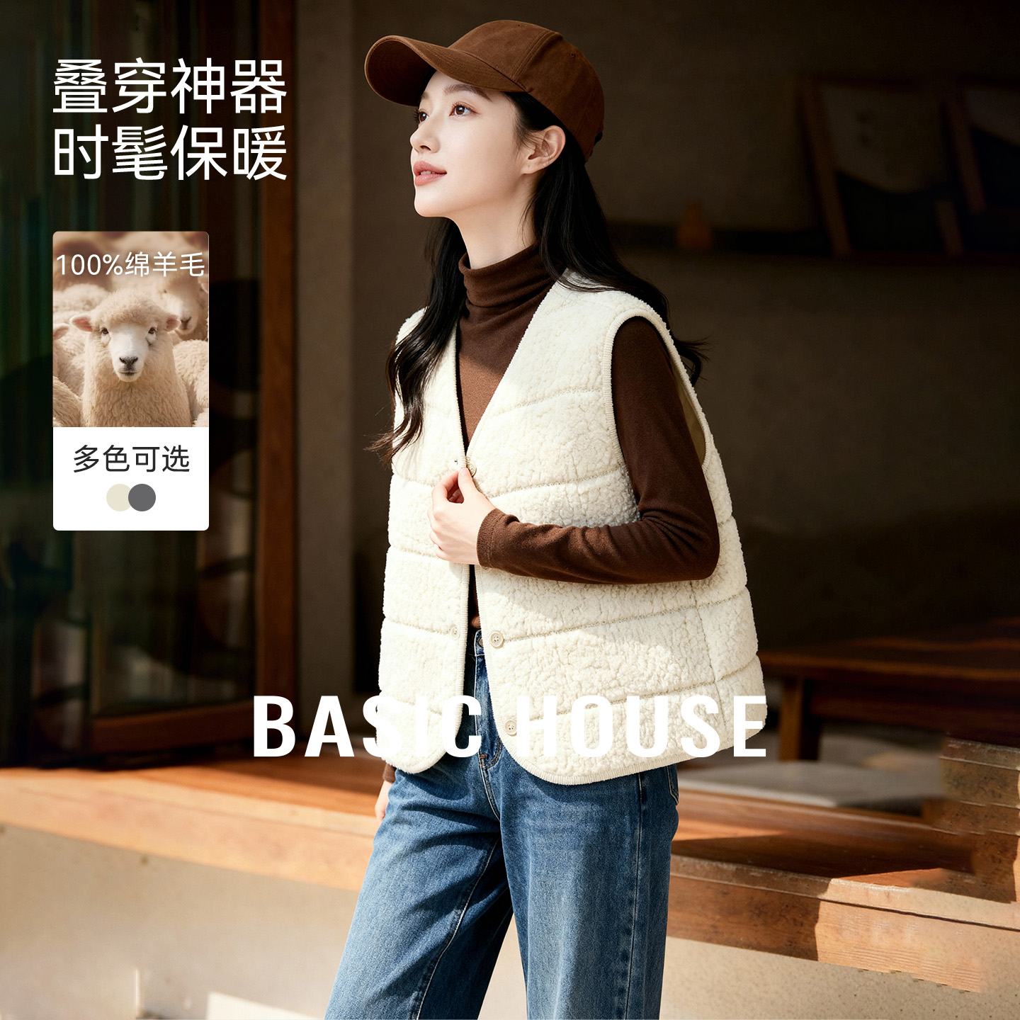 Basic House/百家好羊羔毛背心马甲女冬季小个子外搭叠穿无袖外套