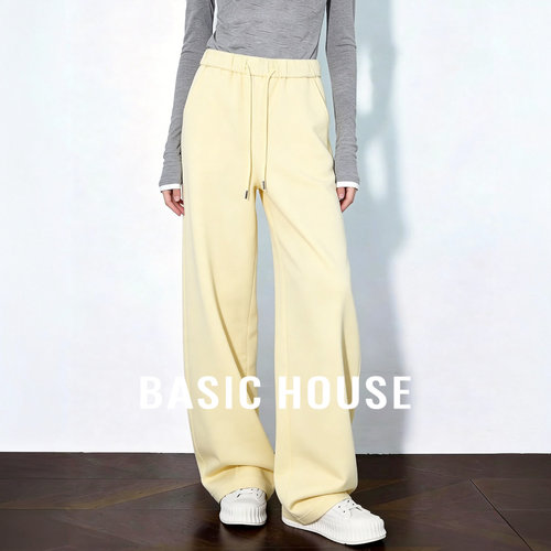 Basic House/百家好松紧腰弯刀阔腿裤女夏宽松休闲慵懒松弛感长裤