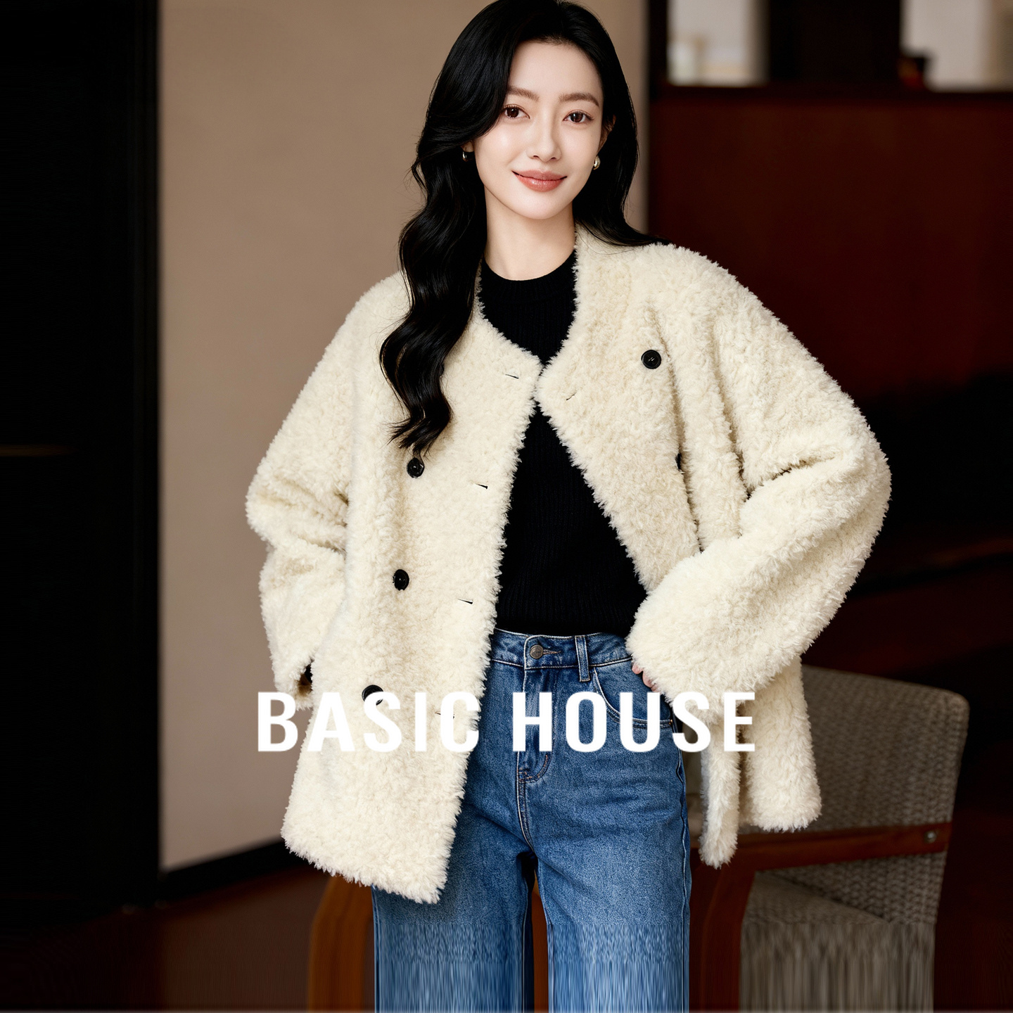 Basic House/百家好双排扣保暖廓形中长款外套女冬复古风皮毛一体