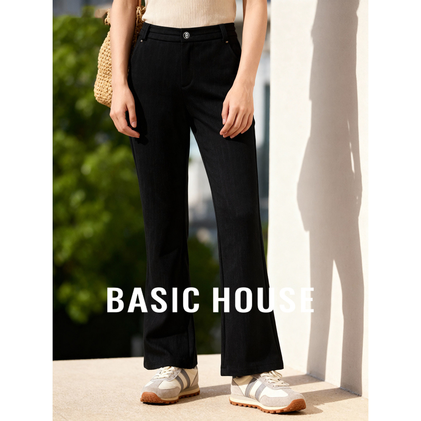 Basic House/百家好黑色微喇西装裤女25秋高腰显瘦垂感九分休闲裤