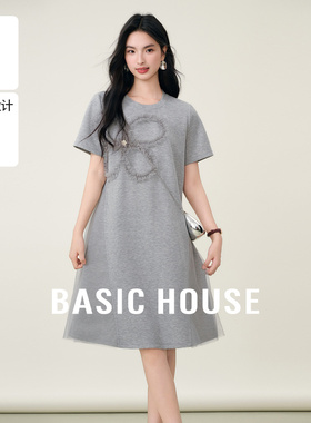 Basic House/百家好刺绣拼接下摆短袖连衣裙夏季圆领中长款裙子女