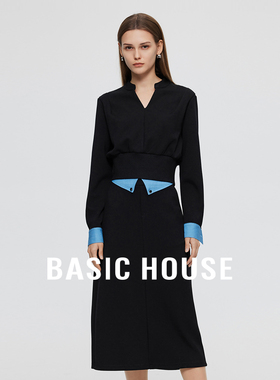 Basic House/百家好气质套装撞色拼接长袖上衣半身长裙两件套秋季