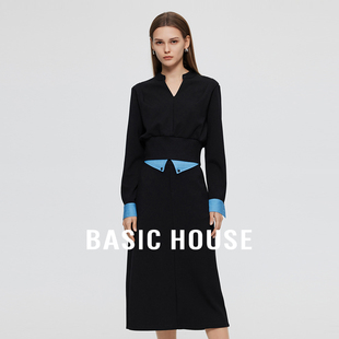 Basic House/百家好气质套装撞色拼接长袖上衣半身长裙两件套秋季