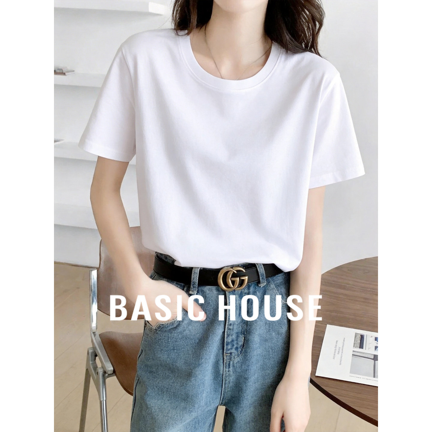 Basic House/百家好白色短袖t恤女新款夏季宽松纯棉半袖女生上衣