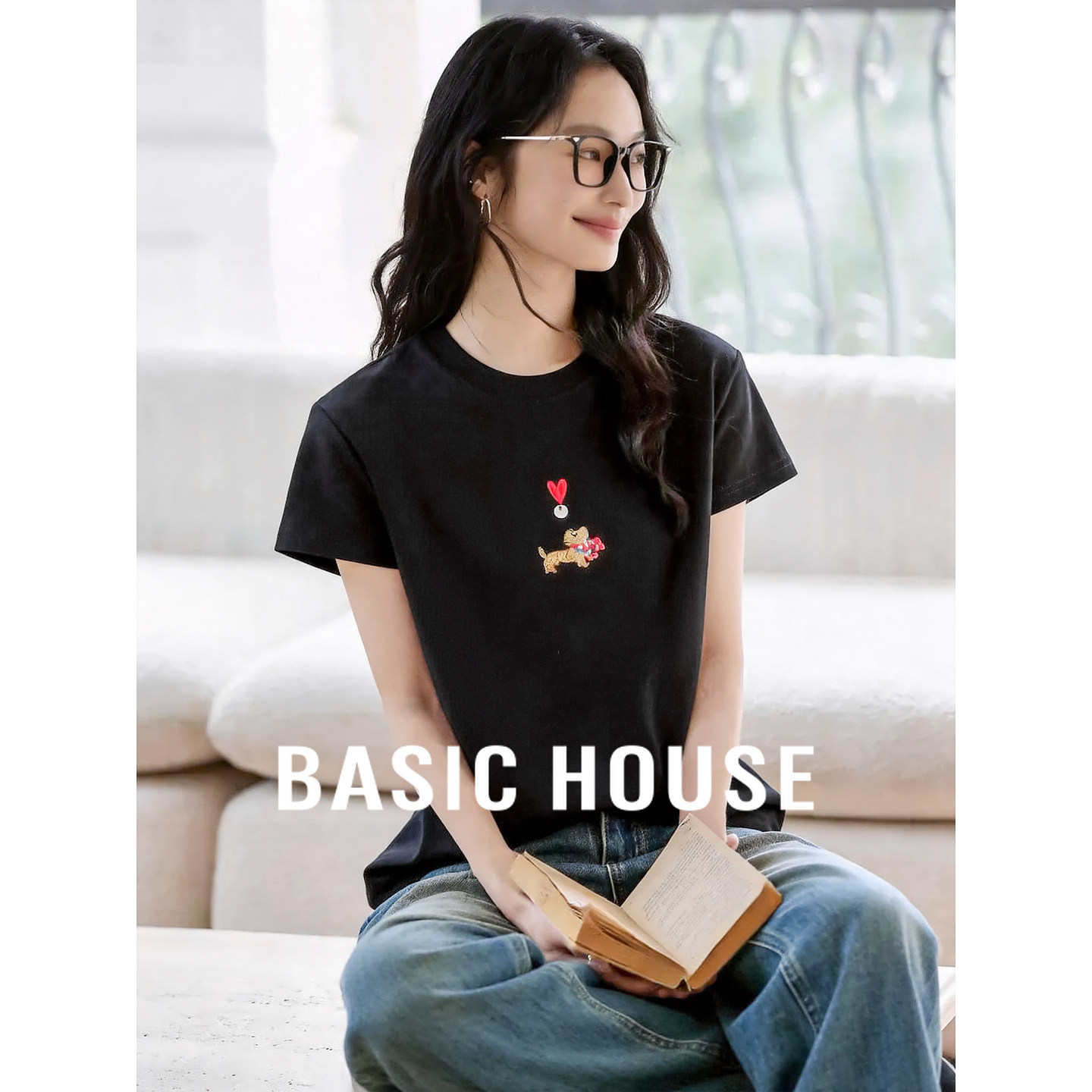 Basic House/百家好小狗刺绣T恤女2026夏新款棉显瘦减龄短袖上衣