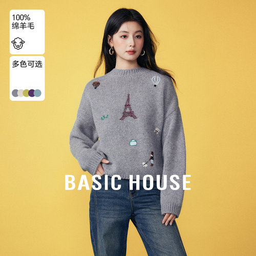 Basic House/百家好绵羊毛刺绣毛衣小个子秋冬圆领落肩针织上衣女
