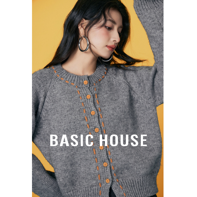 Basic House/百家好复古撞色穿绳毛衣冬季圆领短款插肩开衫外套女