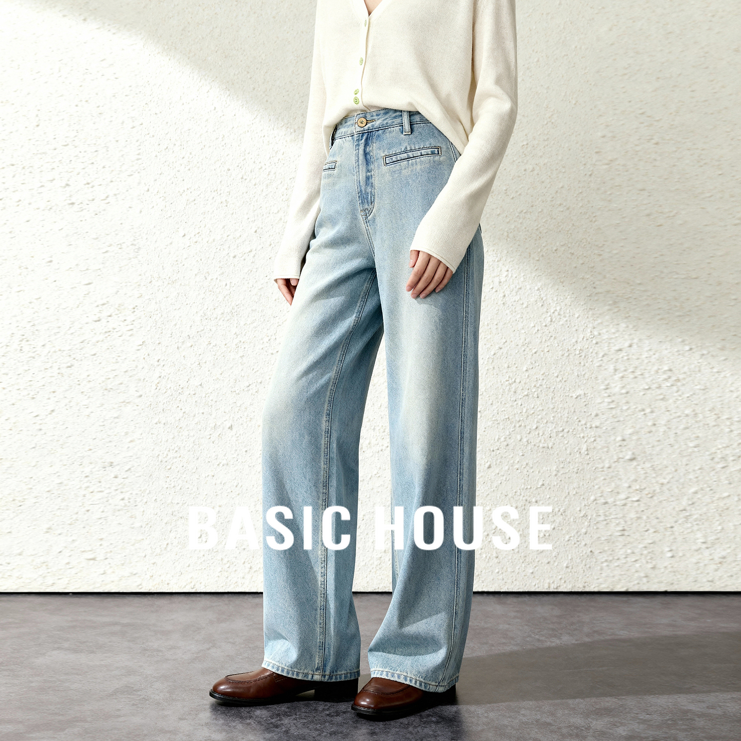 Basic House/百家好美式复古水洗牛仔裤高腰直筒阔腿裤2025秋季女