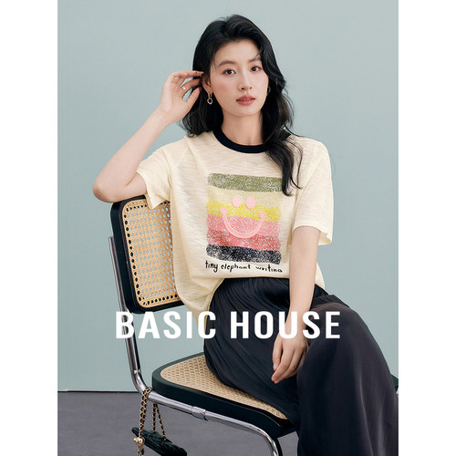 Basic House/百家好笑脸刺绣针织短袖减龄宽松T恤上衣女2026夏季