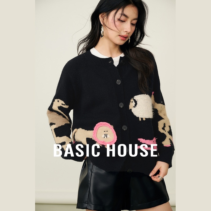 Basic House/百家好卡通刺绣圆领女款开衫外套秋冬流行插肩袖毛衣