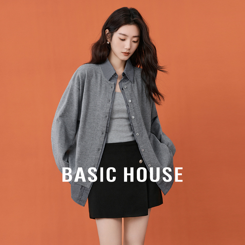 Basic House/百家好格纹拼接上衣2025秋季假两件翻领纽扣针织开衫