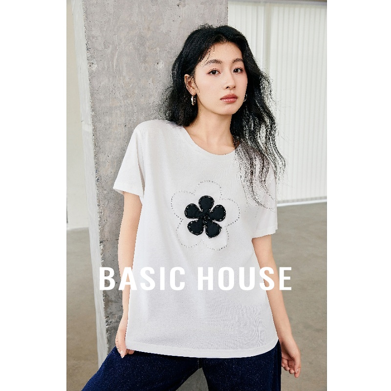 Basic House/百家好立体花朵钉珠T恤白色休闲圆领短袖上衣夏2025