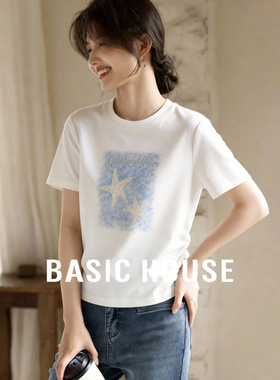 百家好印花白色短袖T恤女春夏新款显瘦内搭圆领正肩收腰捏褶上衣