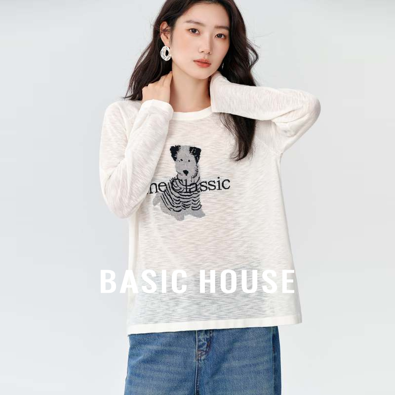 Basic House/百家好小狗字母刺绣长袖针织衫秋冬松弛撞色套头上衣