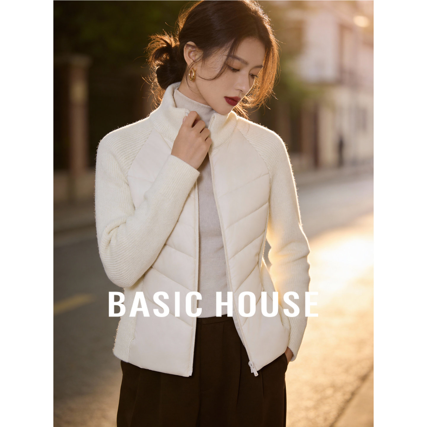 百家好立领针织拼接排骨冬装棉服女冬季新款短款修身保暖外套上衣