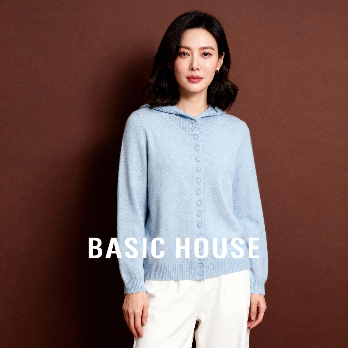 Basic House/百家好100%绵羊毛毛衣女秋冬慵懒风短款连帽开衫外套