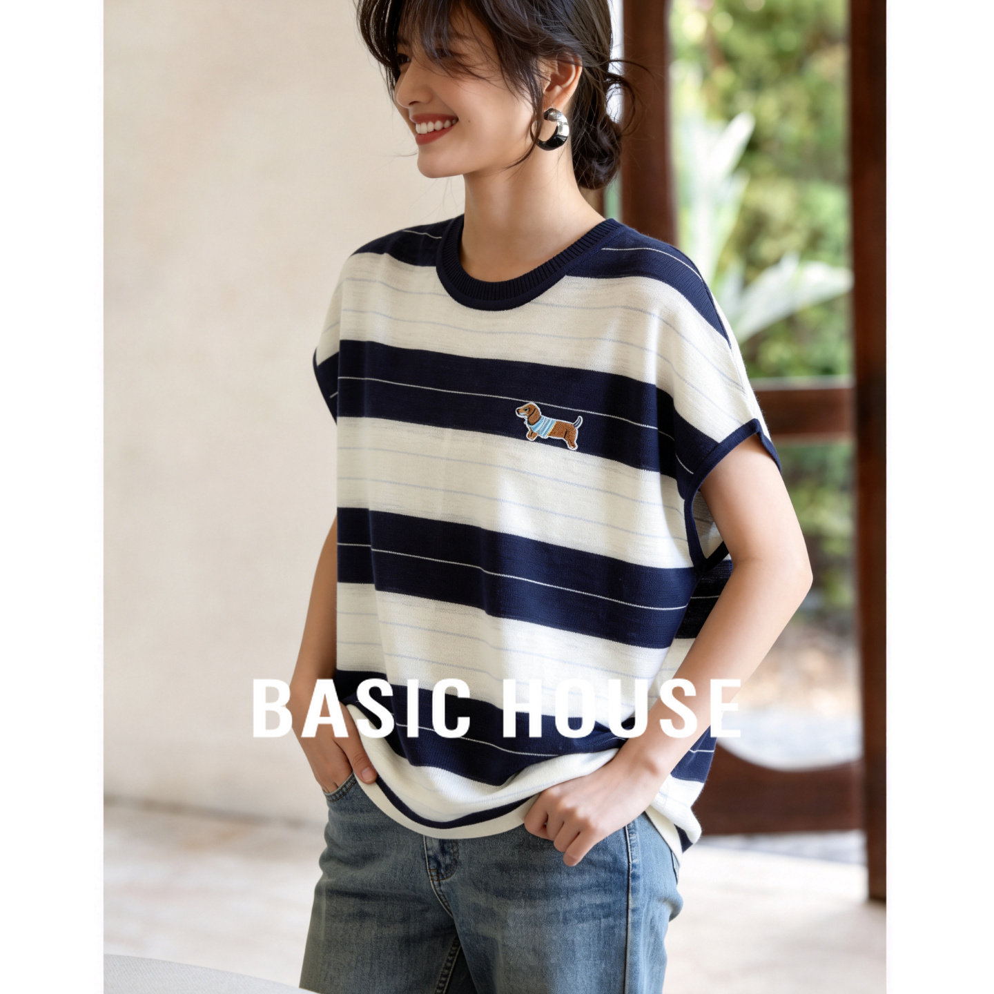 Basic House/百家好复古条纹短袖针织衫春季小狗刺绣减龄百搭T恤