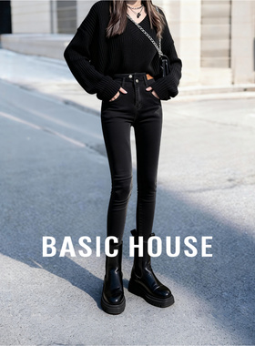 Basic House/百家好高腰修身铅笔裤女冬新款加绒紧身小脚牛仔裤