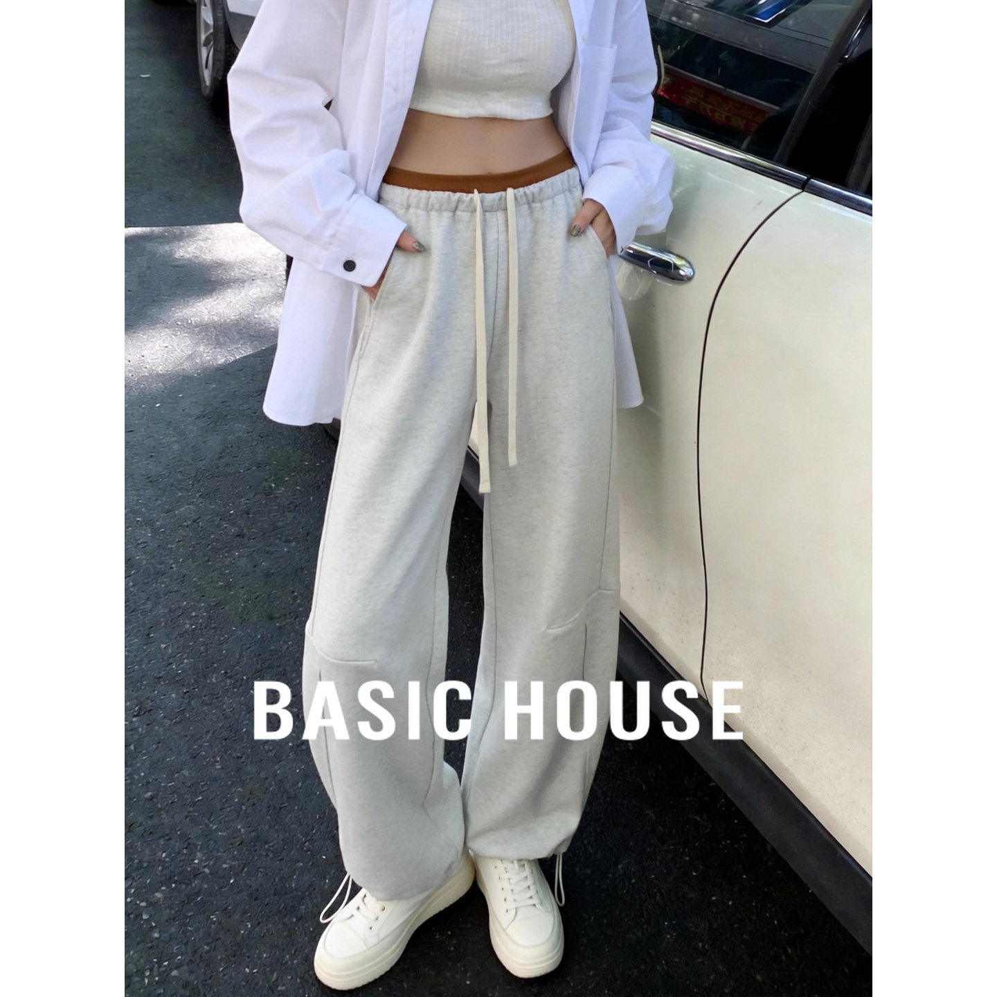 Basic House/百家好韩式抽绳弯刀裤女2026春夏新款阔腿休闲卫裤