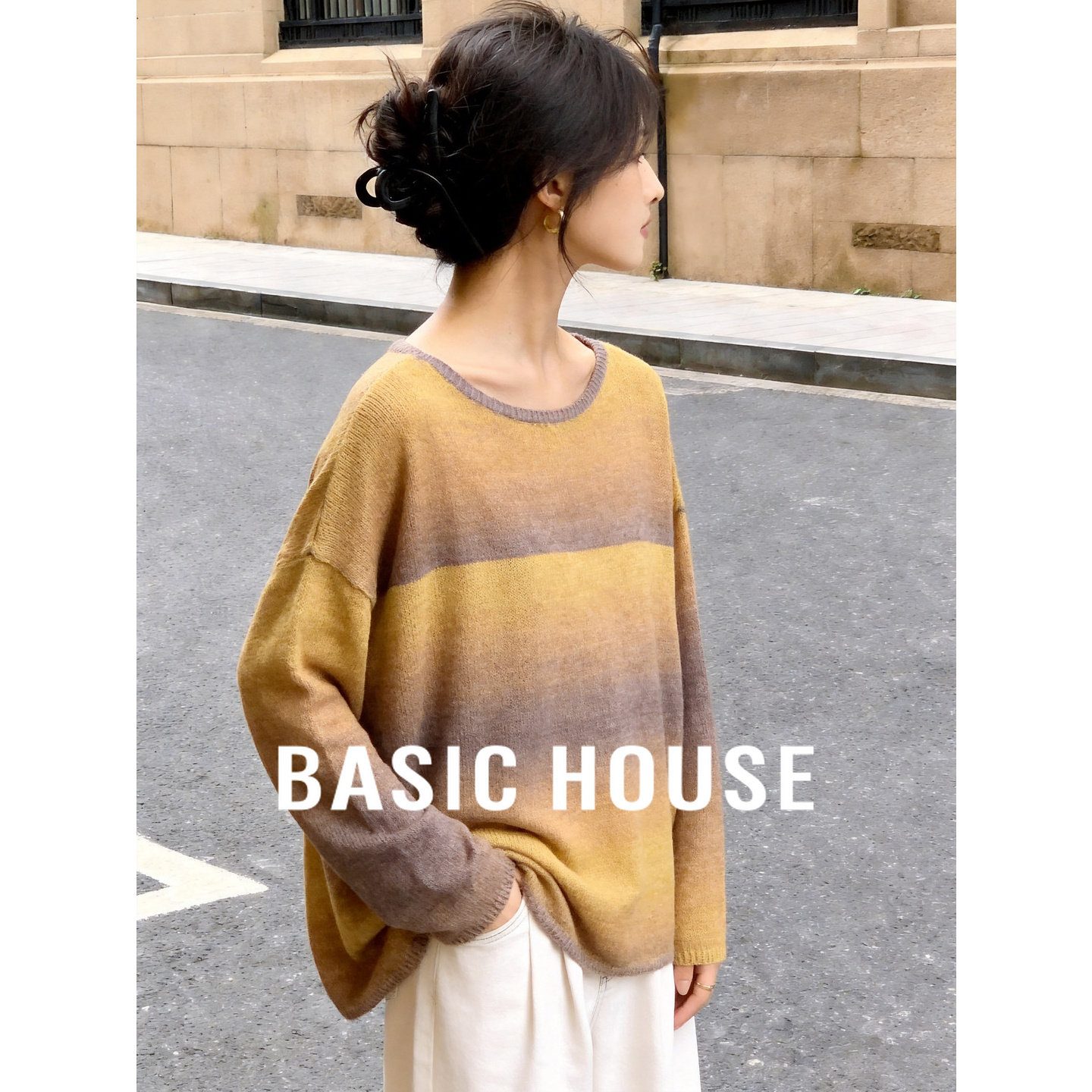 Basic House/百家好撞色条纹针织衫圆领长袖薄款上衣宽松春季新款