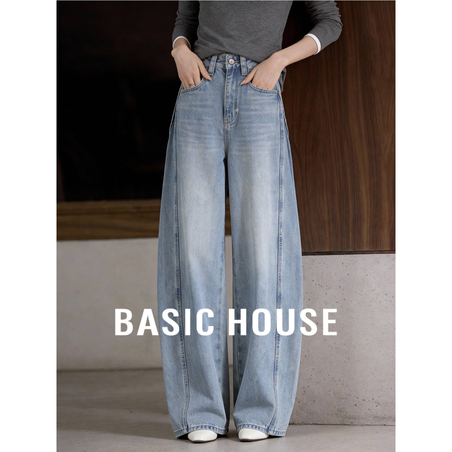 百家好浅蓝复古弯刀阔腿高腰宽松春季显瘦百搭休闲街头风牛仔裤