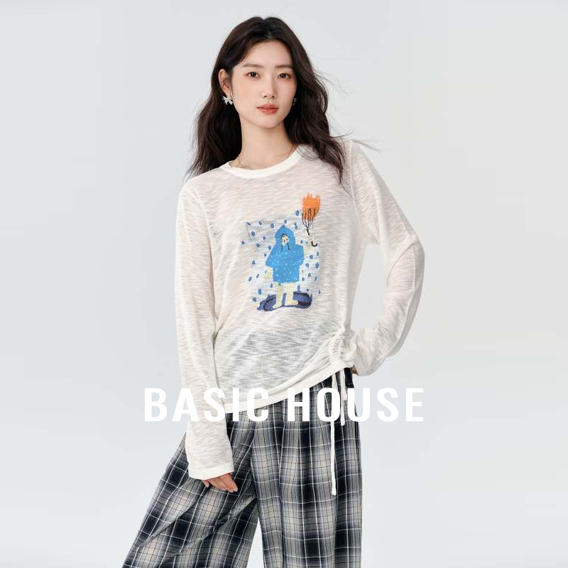 Basic House/百家好侧腰抽绳印花针织衫秋季新款宽松撞色长袖上衣